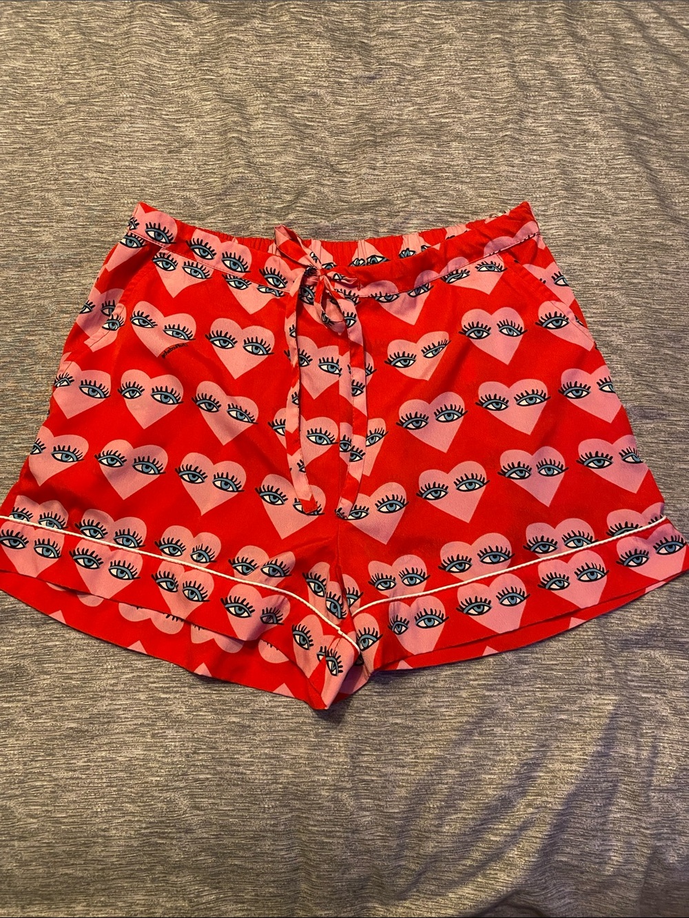 Bouffants & Broken Hearts Pajama Shorts Sz M Red w/ Pink Hearts and Eyes